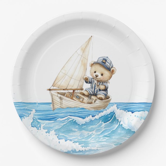 Nautical Boy Sailor Teddy Bears Baby Shower Paper Plate (Front)