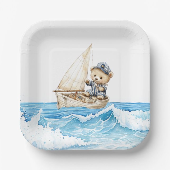 Nautical Boy Sailor Teddy Bears Baby Shower Paper Plate (Front)