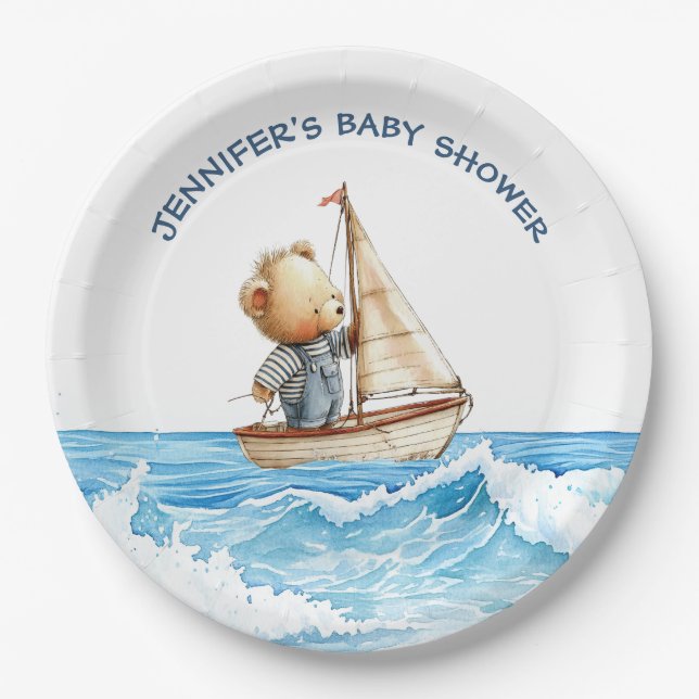 Nautical Boy Sailor Teddy Bears Baby Shower Paper Plate (Front)