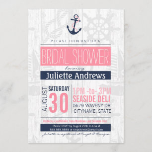 Nautical Bridal Invitation, Pink and Navy Blue Invitation