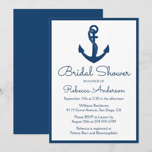 Nautical Bridal Shower Anchor Navy Blue Wedding Invitation (Front/Back)