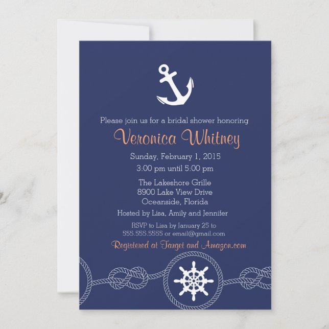 Nautical Bridal Shower Invitation, Beach, Summer Invitation (Front)
