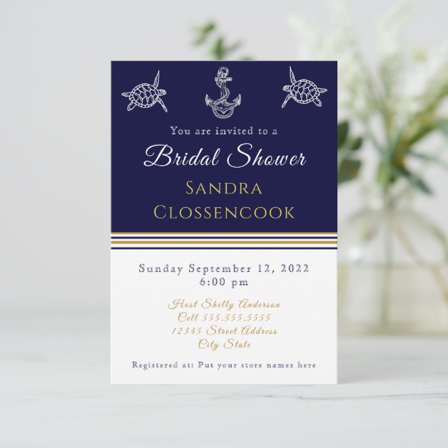 Nautical Bridal Shower Navy Blue Turtles Anchor Invitation (Standing Front)
