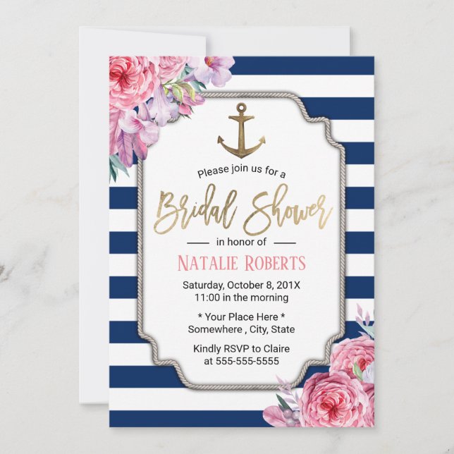 Nautical Bridal Shower Pink Floral Navy Stripes Invitation (Front)