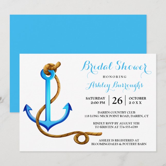 Nautical Bridal Shower Ship Anchor Blue Turquoise Invitation (Front/Back)