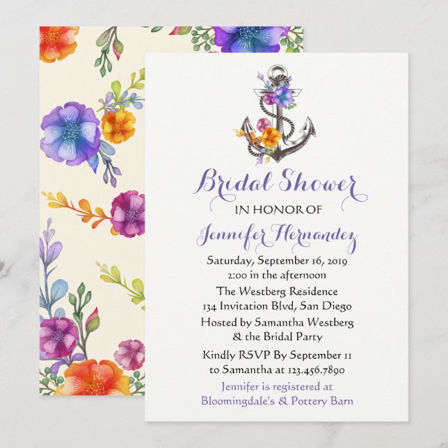 Nautical Bridal Shower Ship Anchor Purple  Floral Invitation (Front/Back)