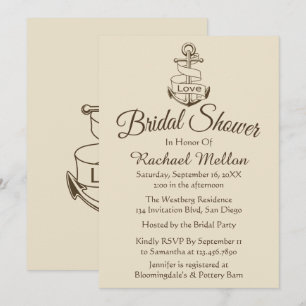 Nautical Bridal Shower Ship Anchor Tan Brown Invitation