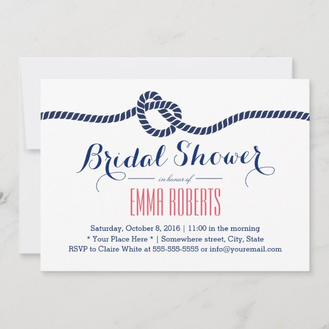 Nautical Bridal Shower Tying the Knot Navy Blue Invitation (Front)