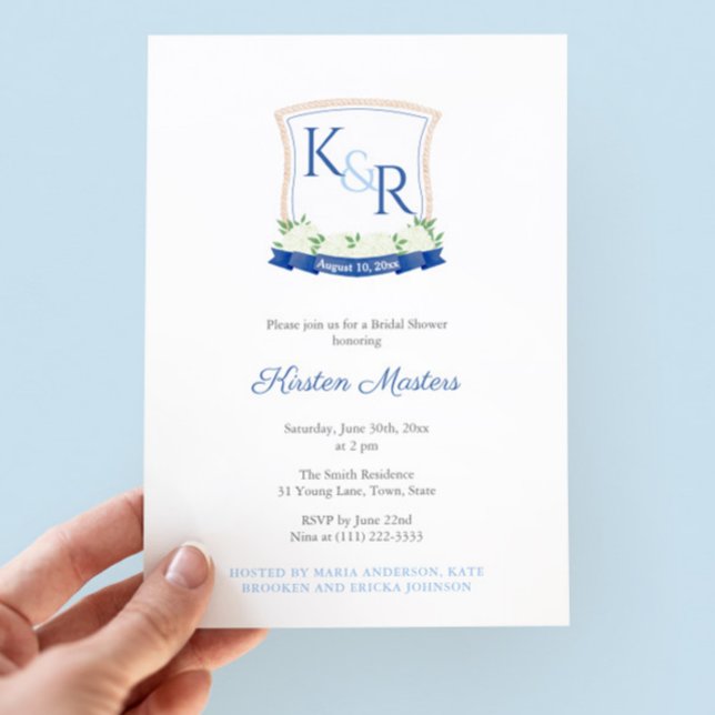 Nautical Bridal Shower With Monogram Crest Invitation (High-end bridal shower cards featuring a coastal monogram and navy blue and white striped backer)