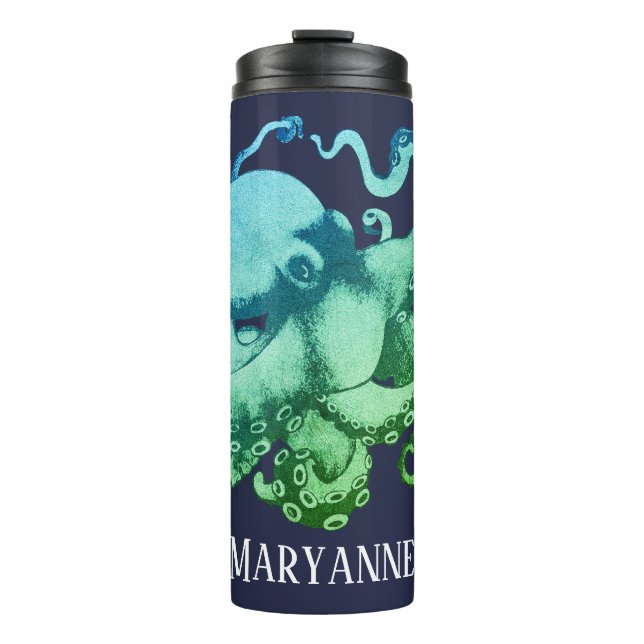 Nautical Bright Ocean Hues Octopus & Name Thermal Tumbler (Front)