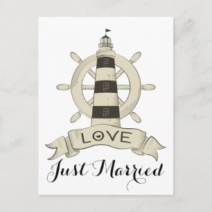 Nautical Brown Just Married Lighthouse Ship Wheel Announcement Postcard