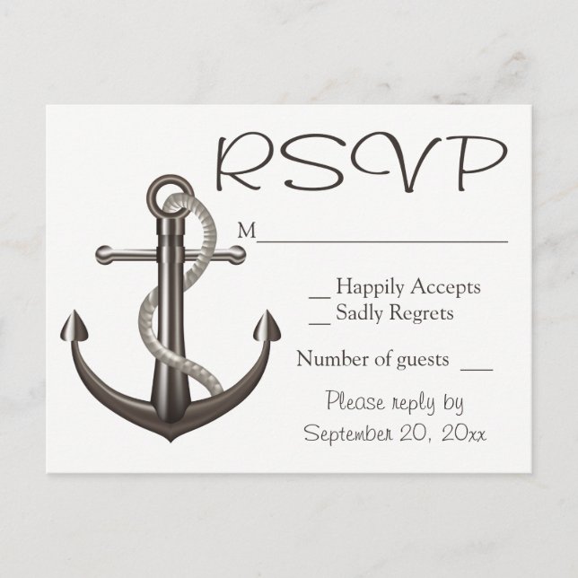Nautical Brown RSVP Ship Anchor Wedding Beach Invitation Postcard (Front)