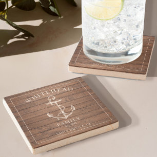 Nautical Brown Wood Anchor Family Stone Coaster