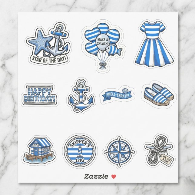 Nautical Cabana Sailor Birthday Sticker Sheet Set (Anchors away for your happy birthday!)
