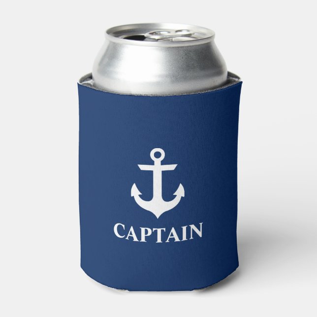 Nautical Captain Anchor Navy Blue Can Cooler (Can Front)