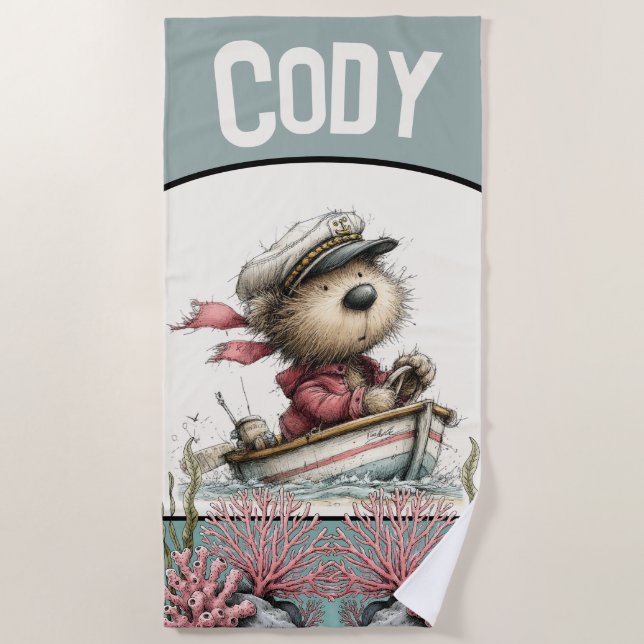 Nautical Captain Bear Kids Design Beach Towel (Front)