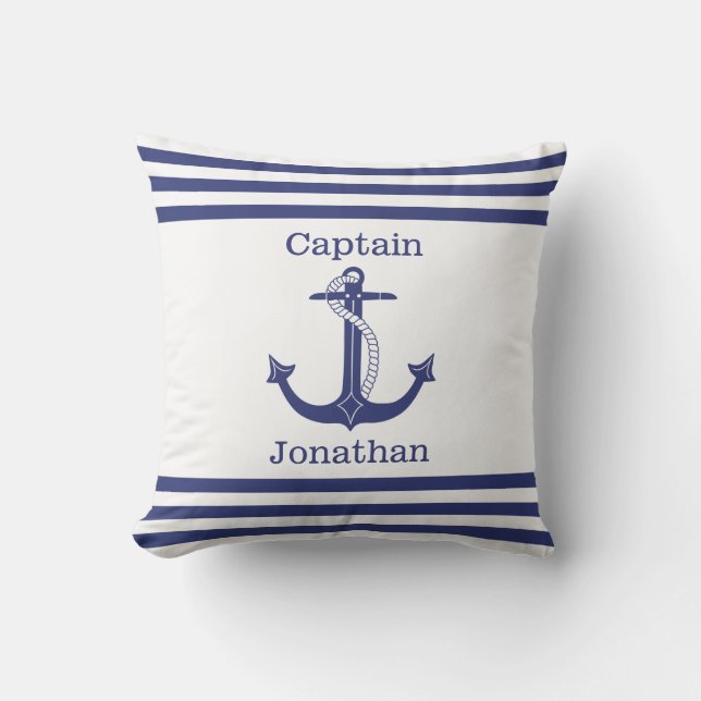 Nautical Captain Blue Anchor Add Name Cushion (Front)