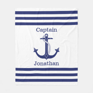 Nautical Captain Blue Anchor Add Name Fleece Blanket