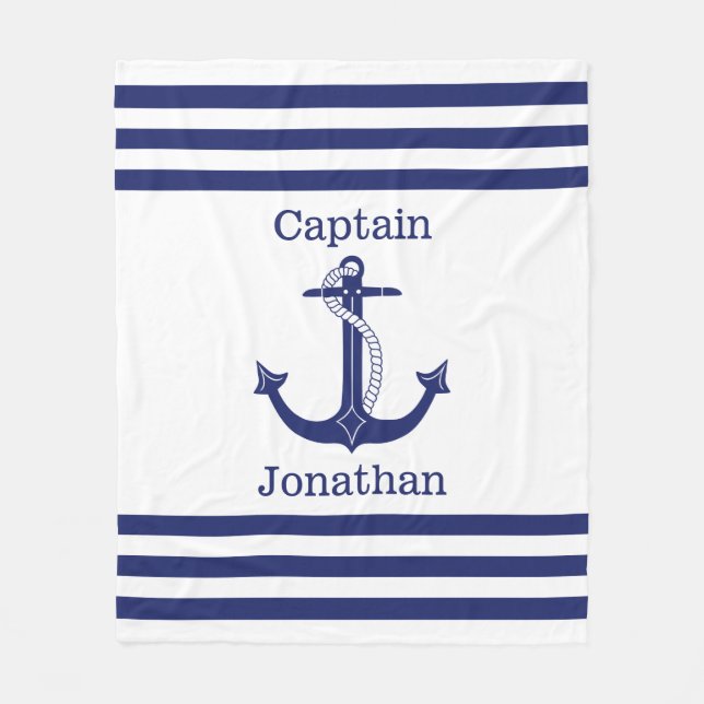 Nautical Captain Blue Anchor Add Name Fleece Blanket (Front)