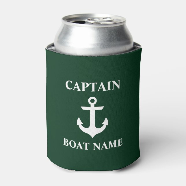 Nautical Captain Boat Name Anchor Green Can Cooler (Can Front)