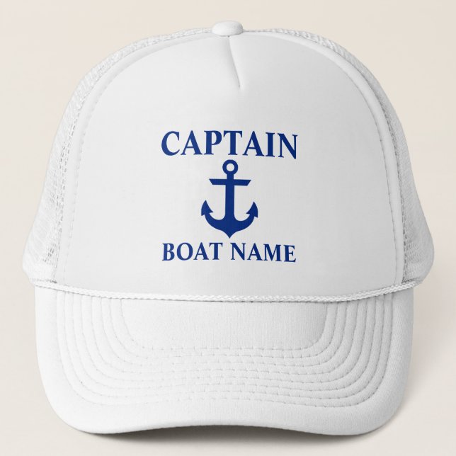 Nautical Captain Boat Name Anchor White Trucker Hat (Front)