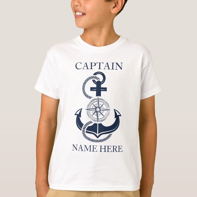Nautical Captain Boat Name Blue Anchor T-Shirt (Front)