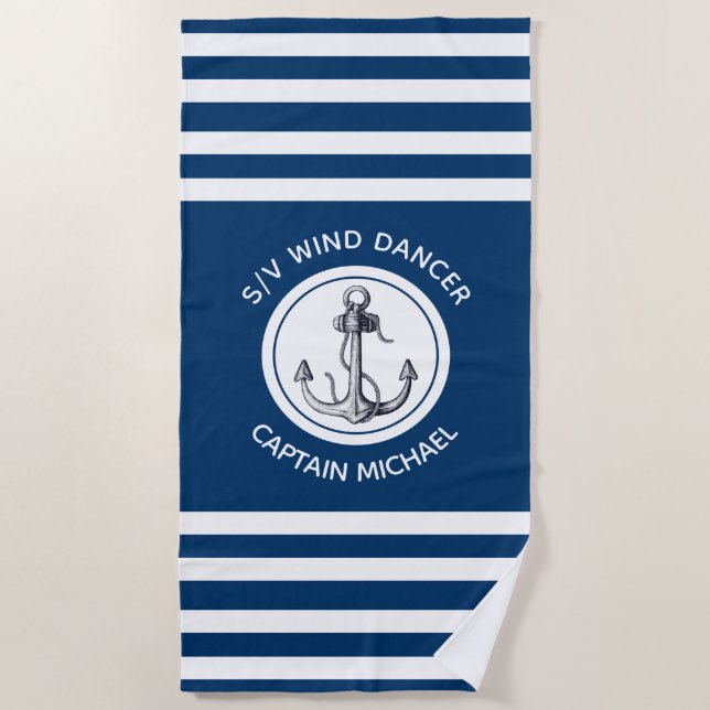 Nautical Captain Boat Name Blue White Striped Beach Towel (Front)