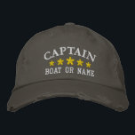 Nautical Captain Boat Name Gold Stars Distressed Embroidered Hat<br><div class="desc">Sail in style with a personalised embroidered hat featuring your Captain rank or other desired title along with your Name or Boat Name in silver and five gold stars. Several cap and thread colours to choose from. Makes a great custom gift for Fathers day,  birthdays or any occasion.</div>