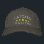 Nautical Captain Boat Name Gold Stars Distressed Embroidered Hat<br><div class="desc">Sail in style with a personalised embroidered hat featuring your Captain rank or other desired title along with your Name or Boat Name in silver and five gold stars. Several cap and thread colours to choose from. Makes a great custom gift for Fathers day,  birthdays or any occasion.</div>