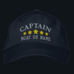 Nautical Captain Boat Name Gold Stars Navy Blue Embroidered Hat<br><div class="desc">Sail in style with a personalised embroidered hat featuring your Captain rank or other desired title along with your Name or Boat Name and five gold stars. Several cap and thread colours to choose from. Makes a great custom gift for Fathers day,  birthdays or any occasion.</div>