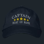 Nautical Captain Boat Name Gold Stars Navy Blue Embroidered Hat<br><div class="desc">Sail in style with a personalised embroidered hat featuring your Captain rank or other desired title along with your Name or Boat Name and five gold stars. Several cap and thread colours to choose from. Makes a great custom gift for Fathers day,  birthdays or any occasion.</div>