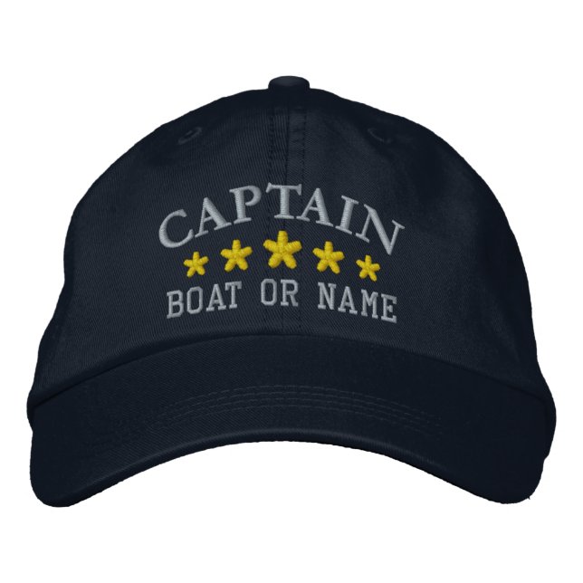 Nautical Captain Boat Name Gold Stars Navy Blue Embroidered Hat (Front)