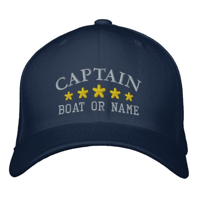 Nautical Captain Boat Name Navy Blue Gold Star Hat (Front)