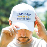 Nautical Captain Boat Name Navy Blue Gold Stars Embroidered Hat<br><div class="desc">Sail in style with a personalised embroidered white hat featuring your Captain rank or other desired title along with your Name or Boat Name in navy blue and five gold stars. Several cap and thread colours to choose from. Makes a great custom gift for Fathers day, birthdays or any occasion....</div>