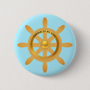 Nautical captain golden ship helm on light blue 6 cm round badge