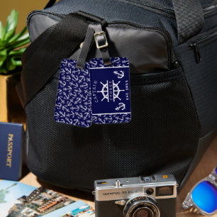 Nautical Captain Name Navy Blue Boat Anchor Luggage Tag