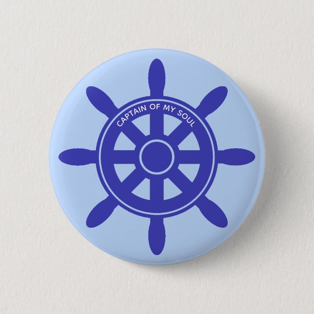 Nautical captain royal blue helm on light blue 6 cm round badge (Front)