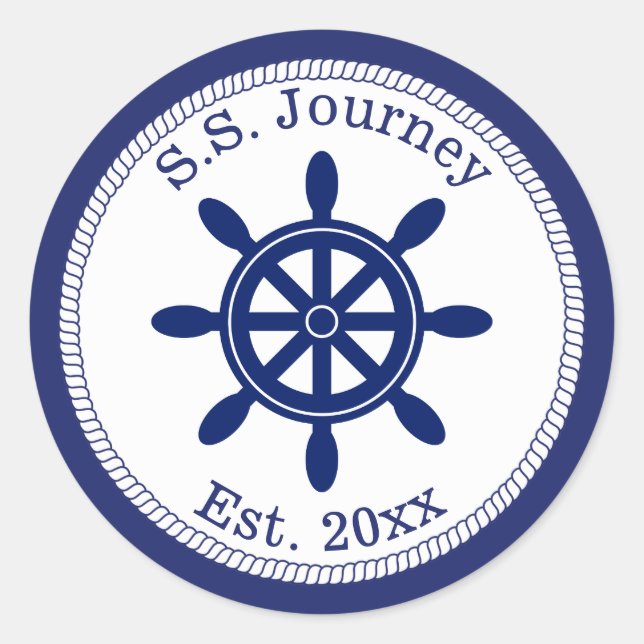 Nautical Captain's Wheel Add Boat Name Classic Round Sticker (Front)