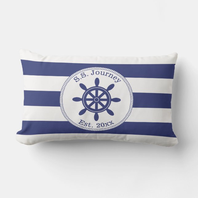 Nautical Captain's Wheel Add Boat Name Outdoor Cushion (Front)