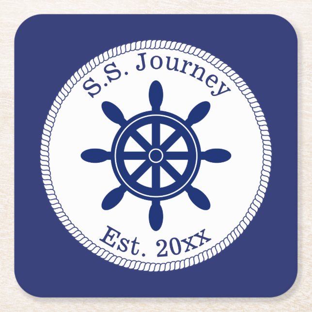 Nautical Captain's Wheel Add Boat Name Square Paper Coaster (Front)