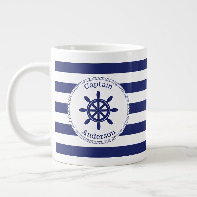 Nautical Captain's Wheel Blue Stripe Monogrammed Large Coffee Mug (Left)