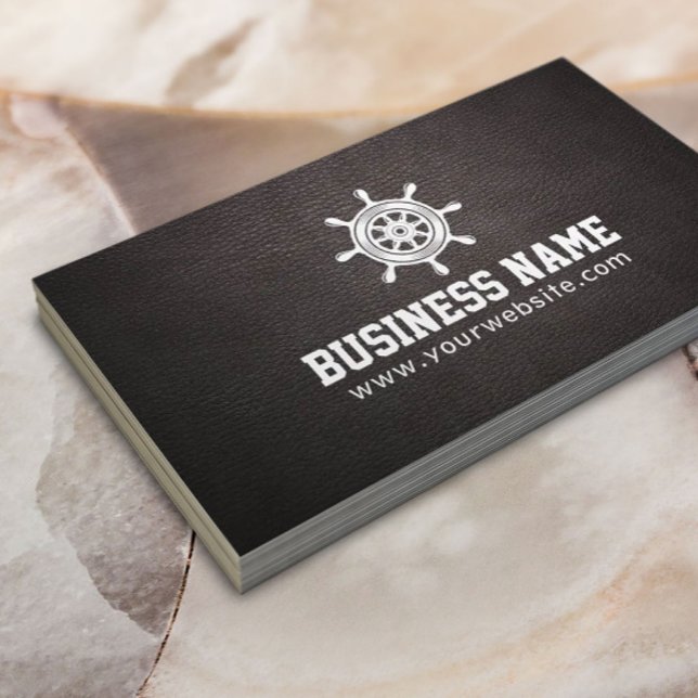 Nautical Captains Wheel Elegant Dark Leather Business Card (Creator Uploaded)