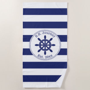 Nautical Captain's Wheel Monogrammed Boat Name Beach Towel
