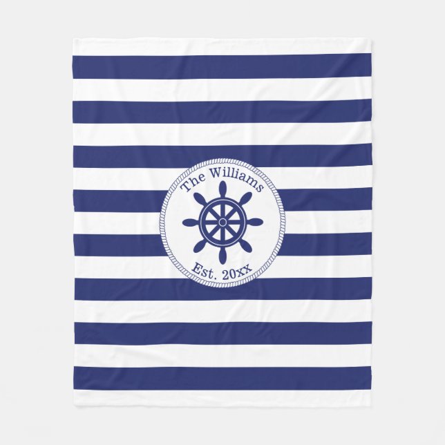 Nautical Captain's Wheel Monogrammed Name Fleece Blanket (Front)