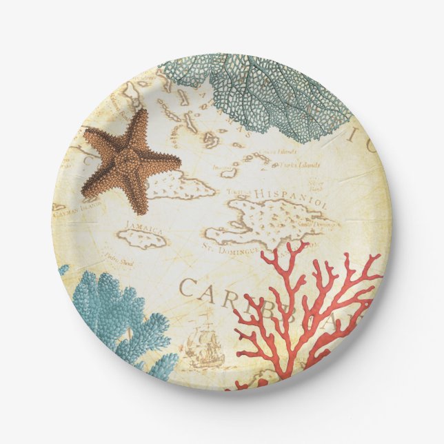 Nautical Caribbean Starfish Rustic Map and Coral Paper Plate (Front)