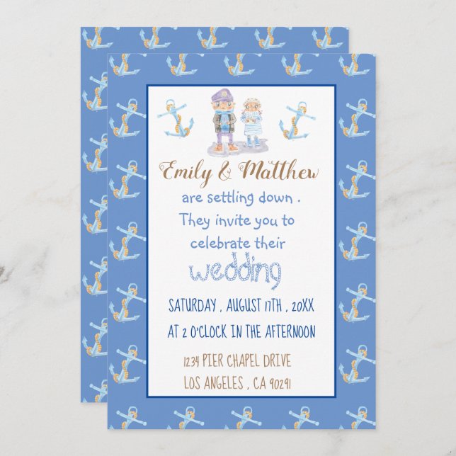 Nautical Cartoon Blue White and Gold Wedding Invitation (Front/Back)