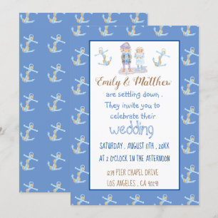 Nautical Cartoon Blue White and Gold Wedding Invitation