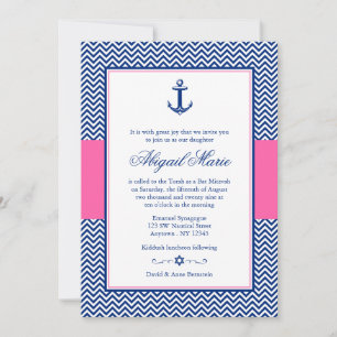 Nautical Chevron Anchor Blue Pink Bat Mitzvah Invitation