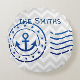 Nautical Chevron & Anchor Seal Round Cushion