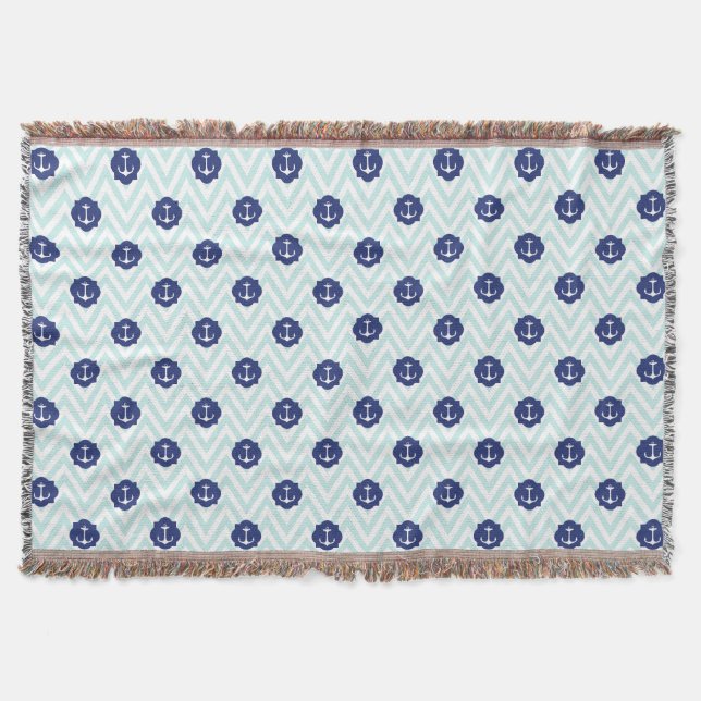 Nautical Chevron Navy Blue Anchors Pattern Throw Blanket (Front)